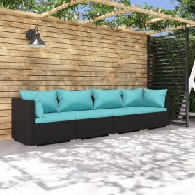 Patio Furniture Set 4 Piece with Cushions Poly Rattan Black (Color: Black)