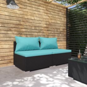 Patio Furniture Set 2 Piece with Cushions Poly Rattan Black (Color: Black)