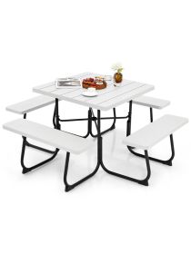 Outdoor Picnic Table with 4 Benches and Umbrella Hole (Color: White)