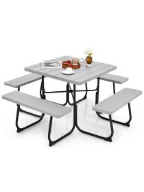 Outdoor Picnic Table with 4 Benches and Umbrella Hole (Color: GRAY)