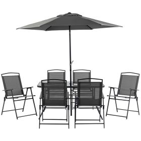 Outsunny 8 Piece Patio Dining Set with Table Umbrella, 6 Folding Chairs and Rectangle Dining Table, Outdoor Patio Furniture Set, Black (Color: as Pic)