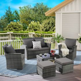 6 Piece Wicker Patio Furniture Sets with Ottoman & Tempered Glass Coffee Table (Color: as Pic)
