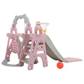 Kids Swing and Slide Set 3-in-1 Slide with Basketball Hoop for Indoor and Outdoor Activity Center, Pink+Gray (Color: as Pic)