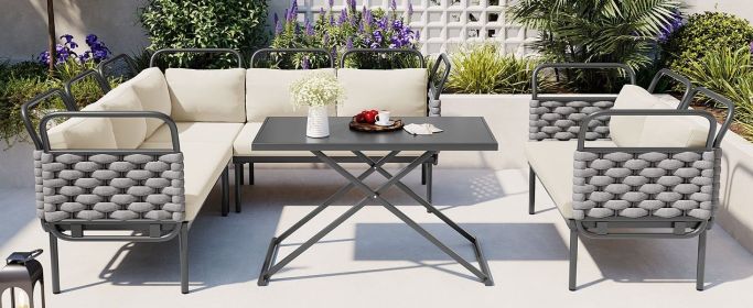 TOPMAX 5-Piece Modern Patio Sectional Sofa Set Outdoor Woven Rope Furniture Set with Glass Table and Cushions, Gray+Beige (Color: as Pic)