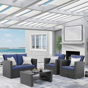 4 Piece Outdoor Patio Furniture Set, Outdoor Sectional Sofa with Tempered Glass Coffee Table and Cushions, Wicker Rattan Patio Set (Color: as Pic)