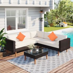 GO 4-pieces Outdoor Wicker Sofa Set, Patio Furniture with Colorful Pillows, L-shape sofa set, Beige cushions and Brown Rattan (Color: as Pic)