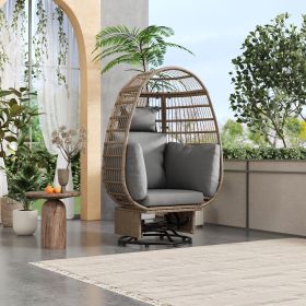 Outdoor Swivel Chair with Cushions, Rattan Egg Patio Chair with Rocking Function for Balcony, Poolside and Garden (Color: Natural+Grey, Material: Wicker)