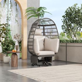 Outdoor Swivel Chair with Cushions, Rattan Egg Patio Chair with Rocking Function for Balcony, Poolside and Garden (Color: Beige+Grey, Material: Wicker)