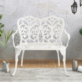 Patio Garden Bench Metal Park Bench Cast Aluminum Outdoor Furniture with Floral Rose for Patio,Park,Lawn,Yard white (Color: as Pic)