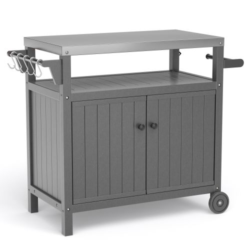 Outdoor Grilling Table with Storage,,Waterproof Outdoor Grill Cabinet,Stainless Steel Tabletop Outdoor Kitchen Island,BBQ Cart with Wheels
