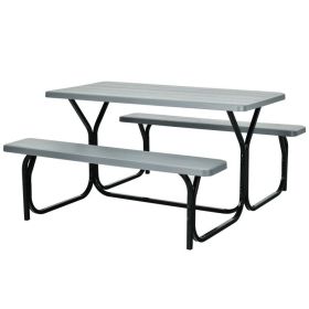 All Weather Outdoor Picnic Table Bench Set with Metal Base Wood (Color: GRAY)