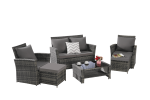 6 Piece Wicker Patio Furniture Sets with Ottoman & Tempered Glass Coffee Table