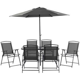 Outsunny 8 Piece Patio Dining Set with Table Umbrella, 6 Folding Chairs and Rectangle Dining Table, Outdoor Patio Furniture Set, Black (Color: as Pic)