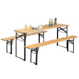 3 Pieces Folding Wooden Picnic Table Bench Set (Color: Natural, Black (iron frame))