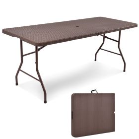 6 Feet Folding Portable Rattan Table with Carrying Handle (Color: Brown)