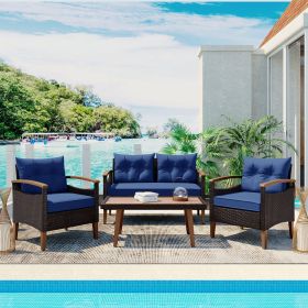 GO 4-Piece Garden Furniture, Patio Seating Set, PE Rattan Outdoor Sofa Set, Wood Table and Legs, Brown and Blue (Color: as Pic)