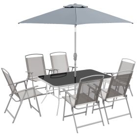 Outsunny 8 Piece Patio Dining Set with Table Umbrella, 6 Folding Chairs and Rectangle Dining Table, Outdoor Patio Furniture Set, Gray (Color: as Pic)