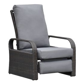 Outdoor Recliner Chair;  Automatic Adjustable Wicker Lounge Recliner Chair with 5.12'' Thicken Cushion (Color: GRAY, Material: Brown Wicker)