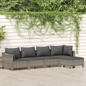 5 Piece Patio Lounge Set with Cushions Gray Poly Rattan (Color: GRAY)