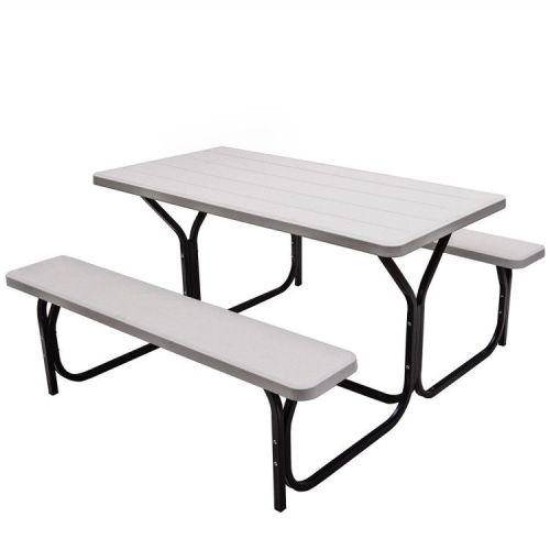 Outdoor Picnic Table Bench Set with Metal Base