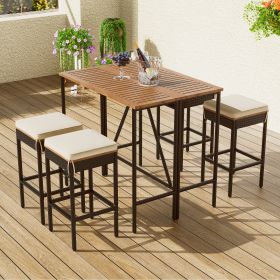 GO 5-Piece Outdoor Acacia Wood Bar Height Table And Four Stools With Cushions, Garden PE Rattan Wicker Dining Table, Foldable Tabletop (Color: as Pic)