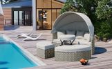 TOPMAX Patio Furniture Round Outdoor Sectional Sofa Set Rattan Daybed Two-Tone Weave Sunbed with Retractable Canopy