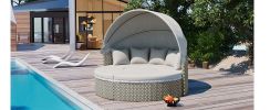 TOPMAX Patio Furniture Round Outdoor Sectional Sofa Set Rattan Daybed Two-Tone Weave Sunbed with Retractable Canopy