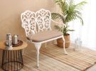 Patio Garden Bench Metal Park Bench Cast Aluminum Outdoor Furniture with Floral Rose for Patio,Park,Lawn,Yard white