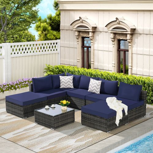 8 Pieces Outdoor Patio Sectional Sofa Couch,Wicker Furniture Conversation Sets with Washable Cushions & Glass Coffee Table for Garden, Poolside