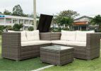 4 Piece Patio Sectional Wicker Rattan Outdoor Furniture Sofa Set with Storage Box - Grey Wicker Creme Cushion