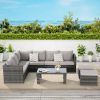 6 Piece Outdoor Patio Furniture Set, All Weather Wicker Rattan Outdoor Sofa Conversation Set with Glass Table, Cushions and Pillows, for Lawn, Garden