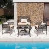 4 Pieces Outdoor Patio Furniture Set,PE Rattan Wicker Garden Conversation Chairs with Tempered Glass Table and Soft Cushions for Backyard Pool or Lawn
